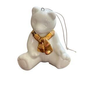 Vintage Dept 56 Porcelain Teddy Bear Christmas Ornament White Gold Scarf 3 Inch